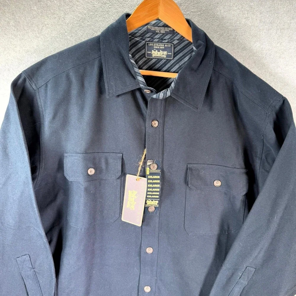 Levi's Overcoat Men's 2XL Navy Blue‎ Collared Long Sleeve Flap Pockets Button-Up